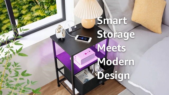 LOAKEKEL Nightstands Set of 2 with Charging Station, LED Night